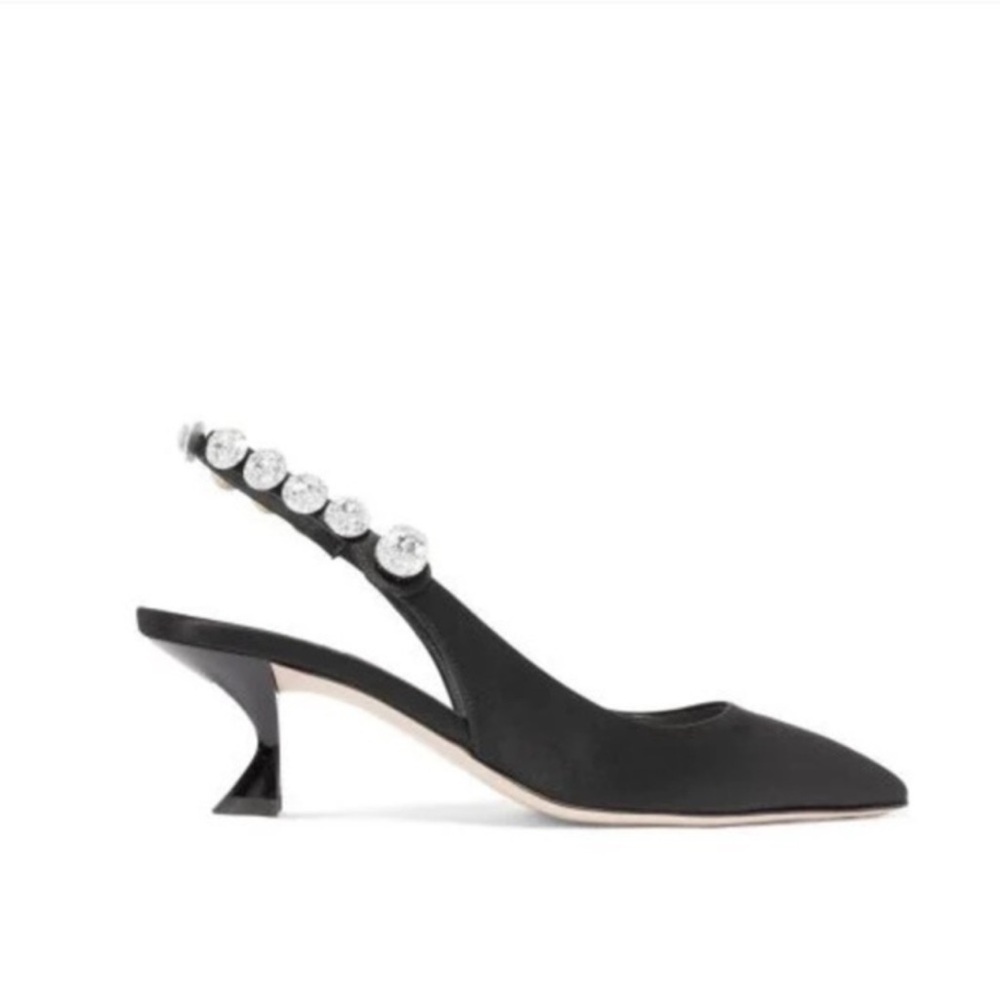 Miu Miu Black Satin Swarovski Crystal Embellished Slingback Kitten Heel Luxury